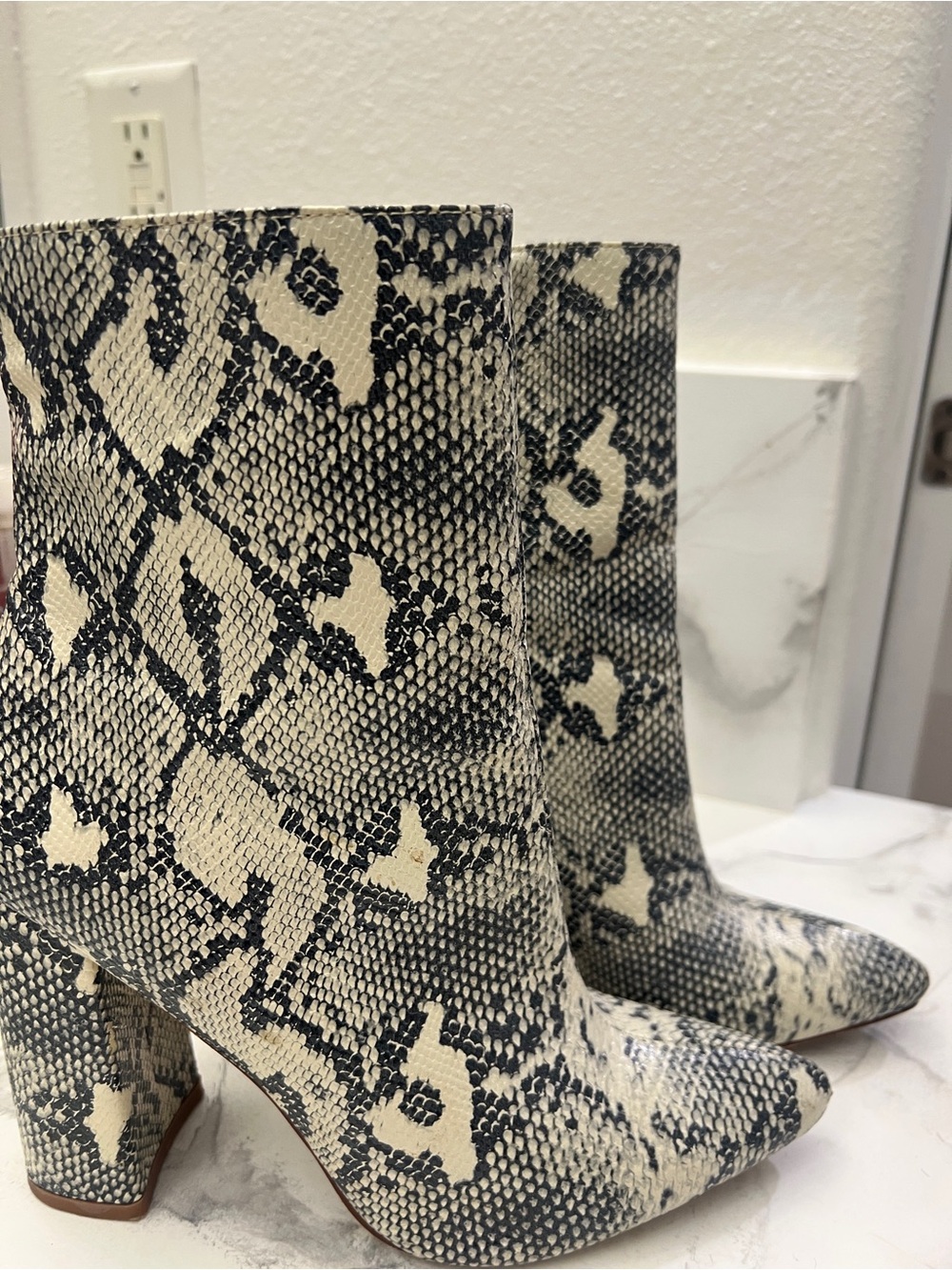 PLT Snake-Print Pointed Toe Ankle Boots in Black/ Dark Blue and Cream